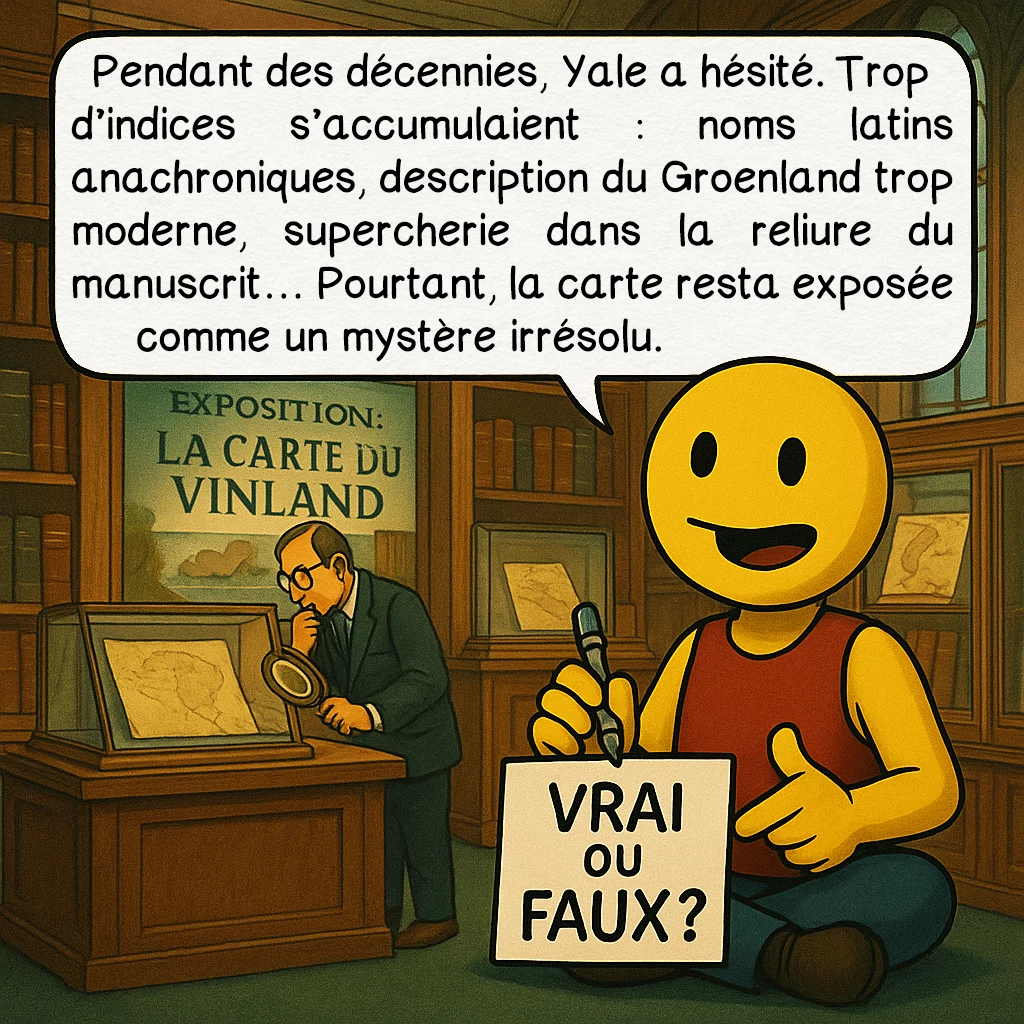 La carte du Vinland, case 7 : Pendant des décennies, Yale a hésité. Trop d’indices s’accumulaient : noms latins anachroniques, description du Groenland trop moderne, supercherie dans la reliure du manuscrit… Pourtant, la carte resta exposée comme un mystère irrésolu.