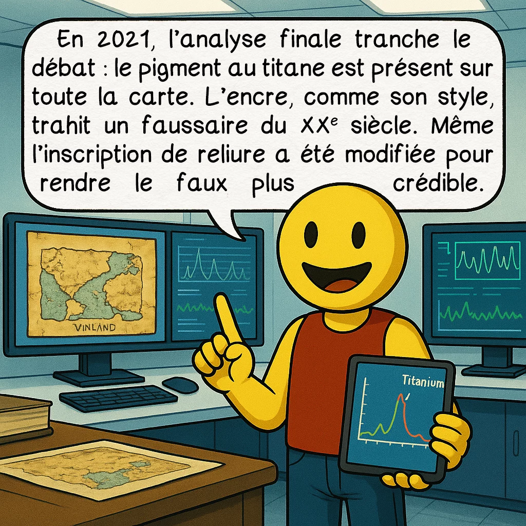 La carte du Vinland, case 8 : En 2021, l’analyse finale tranche le débat : le pigment au titane est présent sur toute la carte. L’encre, comme son style, trahit un faussaire du XXe siècle. Même l’inscription de reliure a été modifiée pour rendre le faux plus crédible.