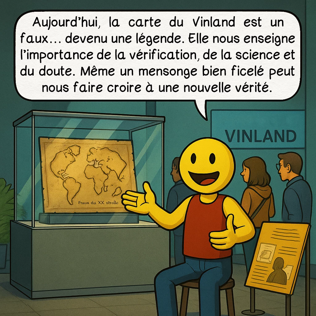 La carte du Vinland, case 9 : Aujourd’hui, la carte du Vinland est un faux… devenu une légende. Elle nous enseigne l’importance de la vérification, de la science et du doute. Même un mensonge bien ficelé peut nous faire croire à une nouvelle vérité.