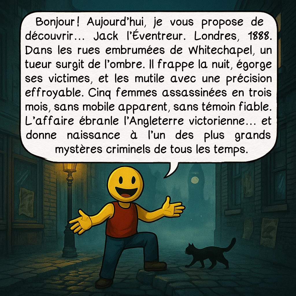 Jack l’éventreur, case 1 : Bonjour ! Aujourd’hui, je vous propose de découvrir… Jack l’Éventreur. Londres, 1888. Dans les rues embrumées de Whitechapel, un tueur surgit de l’ombre. Il frappe la nuit, égorge ses victimes, et les mutile avec une précision effroyable. Cinq femmes assassinées en trois mois, sans mobile apparent, sans témoin fiable. L’affaire ébranle l’Angleterre victorienne… et donne naissance à l’un des plus grands mystères criminels de tous les temps.