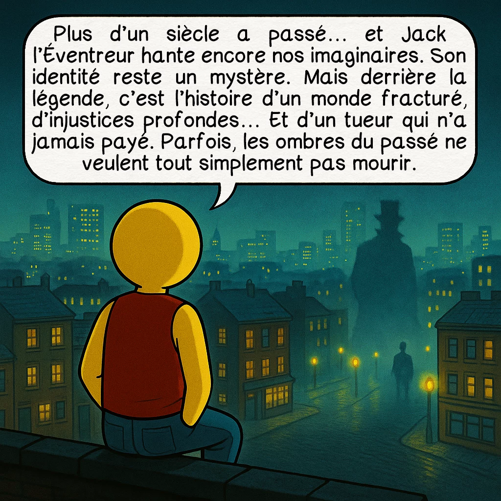 Jack l’éventreur, case 10 : Plus d’un siècle a passé… et Jack l’Éventreur hante encore nos imaginaires. Son identité reste un mystère. Mais derrière la légende, c’est l’histoire d’un monde fracturé, d’injustices profondes… Et d’un tueur qui n’a jamais payé. Parfois, les ombres du passé ne veulent tout simplement pas mourir.