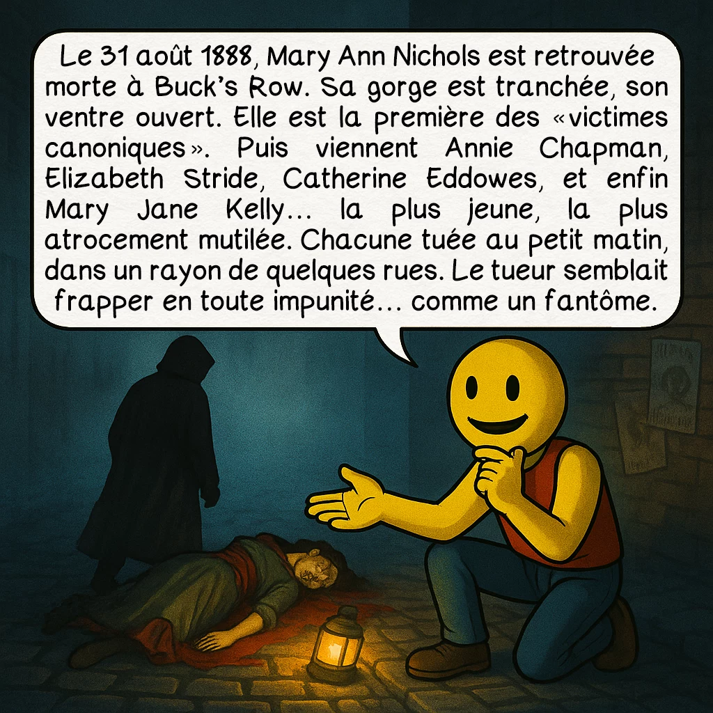 Jack l’éventreur, case 2 : Le 31 août 1888, Mary Ann Nichols est retrouvée morte à Buck’s Row. Sa gorge est tranchée, son ventre éventré. Elle est la première des « victimes canoniques ». Puis viennent Annie Chapman, Elizabeth Stride, Catherine Eddowes, et enfin Mary Jane Kelly… la plus jeune, la plus atrocement mutilée. Chacune tuée au petit matin, dans un rayon de quelques rues. Le tueur semblait frapper en toute impunité… comme un fantôme.