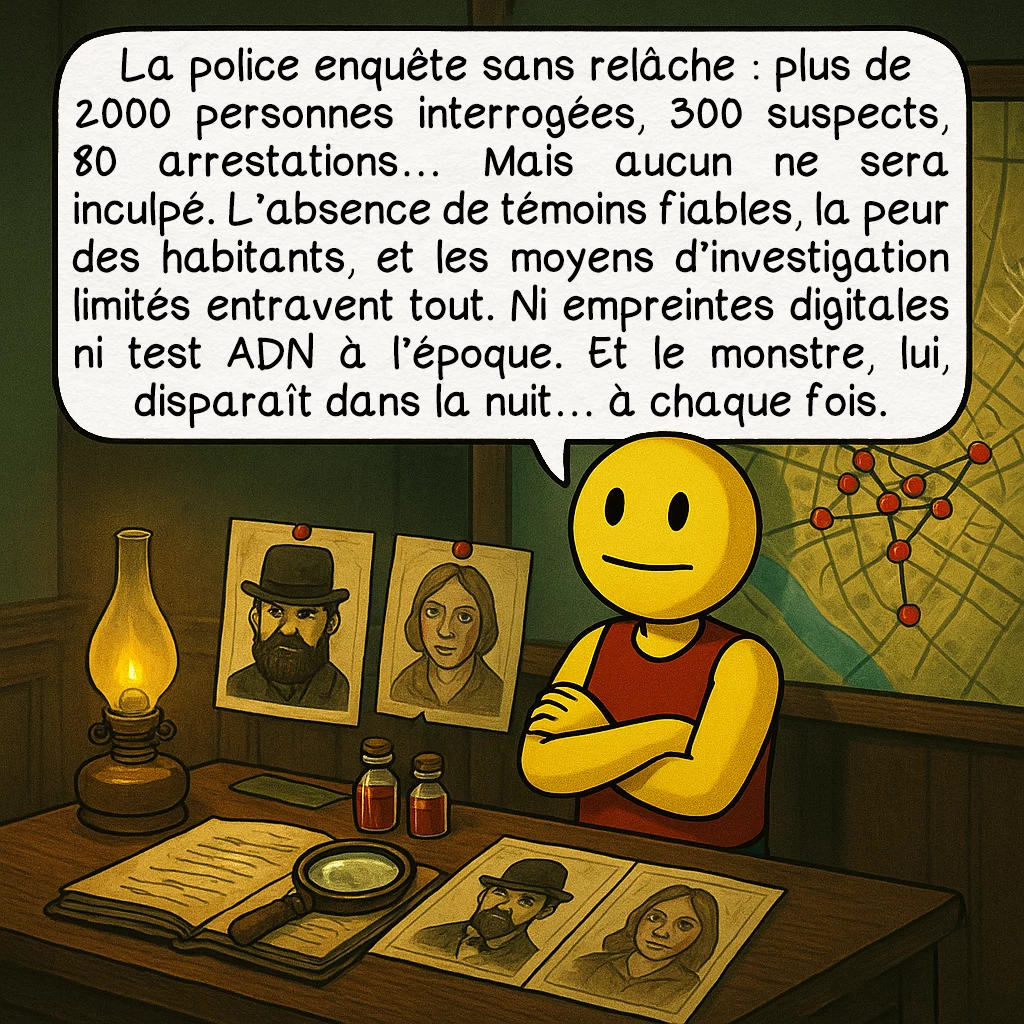 Jack l’éventreur, case 3 : La police enquête sans relâche : plus de 2000 personnes interrogées, 300 suspects, 80 arrestations… Mais aucun ne sera inculpé.L’absence de témoins fiables, la peur des habitants, et les moyens d’investigation limités entravent tout. Ni empreintes digitales ni test ADN à l’époque. Et le monstre, lui, disparaît dans la nuit… à chaque fois.
