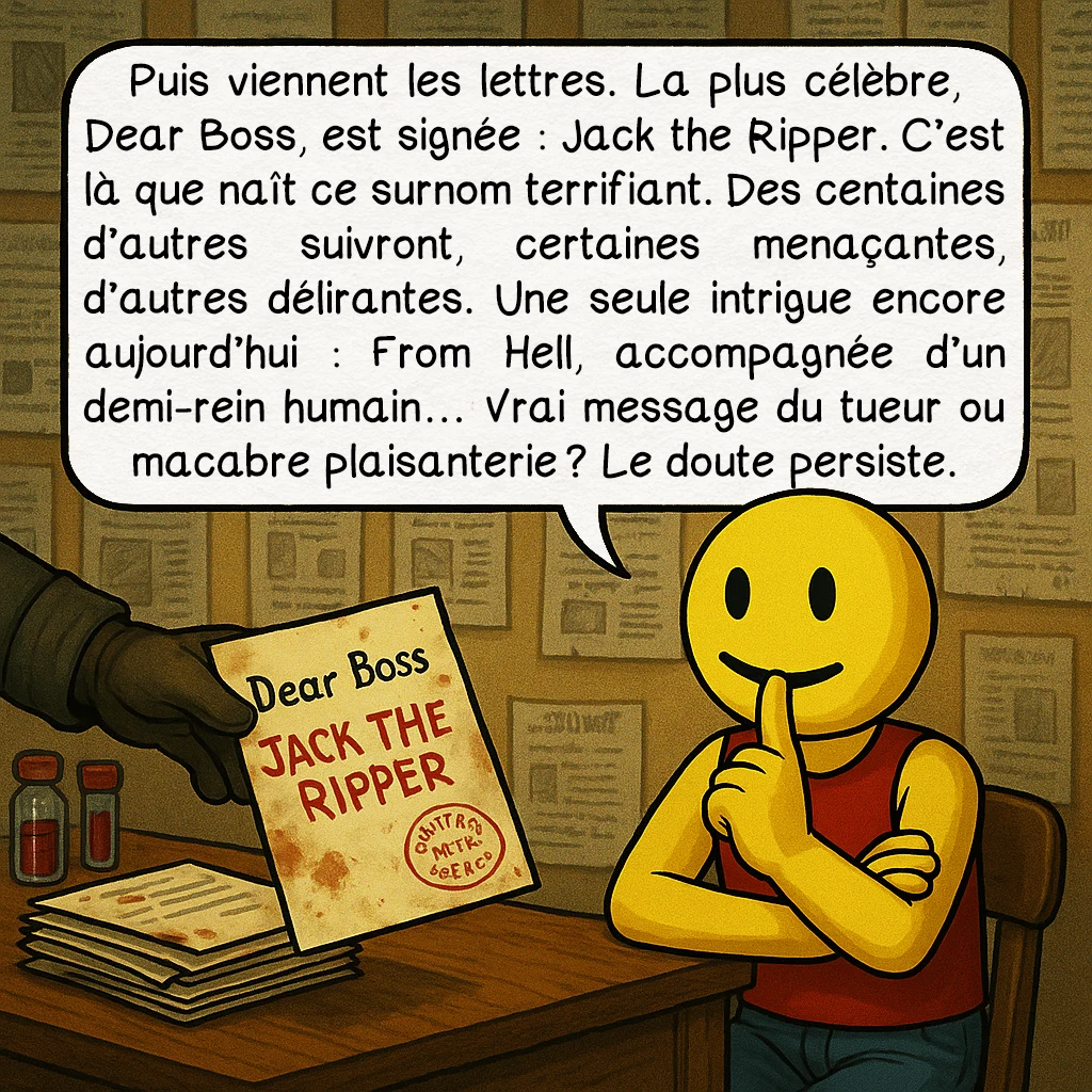 Jack l’éventreur, case 4 : Puis viennent les lettres. La plus célèbre, Dear Boss, est signée : Jack the Ripper. C’est là que naît ce surnom terrifiant. Des centaines d’autres suivront, certaines menaçantes, d’autres délirantes. Une seule intrigue encore aujourd’hui : From Hell, accompagnée d’un demi-rein humain… Vrai message du tueur ou macabre plaisanterie ? Le doute persiste.