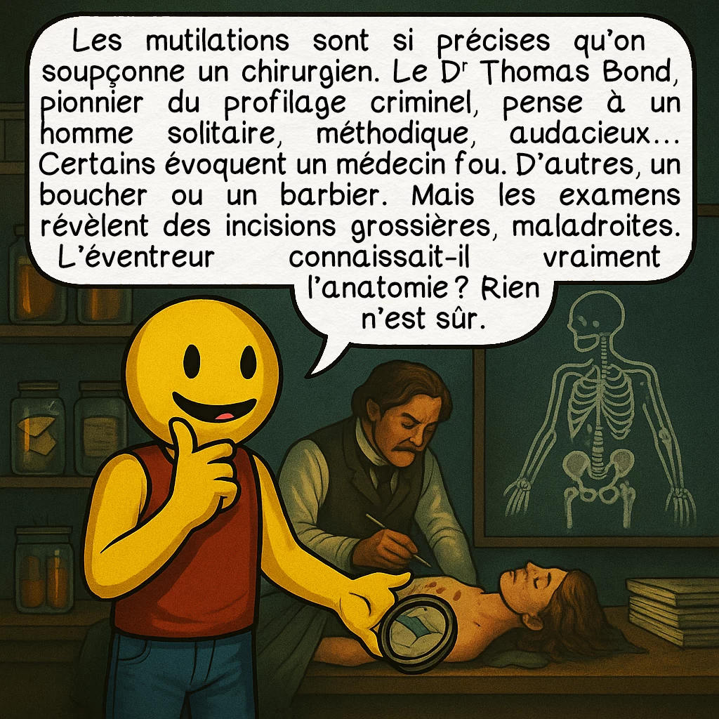 Jack l’éventreur, case 5 : Les mutilations sont si précises qu’on soupçonne un chirurgien. Le Dr Thomas Bond, pionnier du profilage criminel, pense à un homme solitaire, méthodique, audacieux… Certains évoquent un médecin fou. D’autres, un boucher ou un barbier.Mais les examens révèlent des incisions grossières, maladroites. L’éventreur connaissait-il vraiment l’anatomie ? Rien n’est sûr.