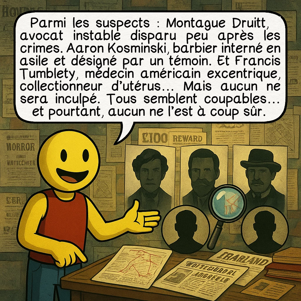 Jack l’éventreur, case 6 : Parmi les suspects : Montague Druitt, avocat instable disparu peu après les crimes. Aaron Kosminski, barbier interné en asile et désigné par un témoin. Et Francis Tumblety, médecin américain excentrique, collectionneur d’utérus… Mais aucun ne sera inculpé. Tous semblent coupables… et pourtant, aucun ne l’est à coup sûr.