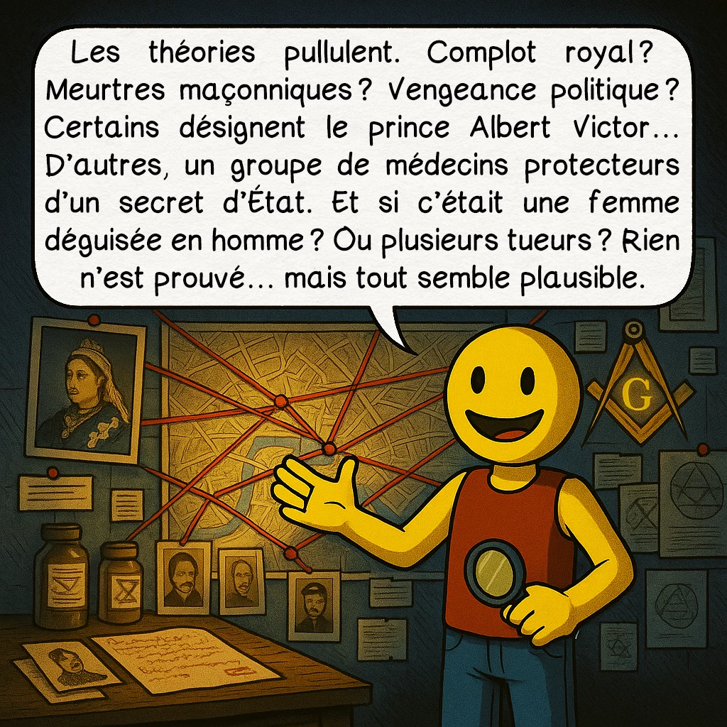Jack l’éventreur, case 7 : Les théories pullulent. Complot royal ? Meurtres maçonniques ? Vengeance politique ? Certains disent : le prince Albert Victor… D’autres : un groupe de médecins protecteurs d’un secret d’État. Et si c’était une femme déguisée en homme ? Ou plusieurs tueurs ? Rien n’est prouvé… mais tout semble plausible.