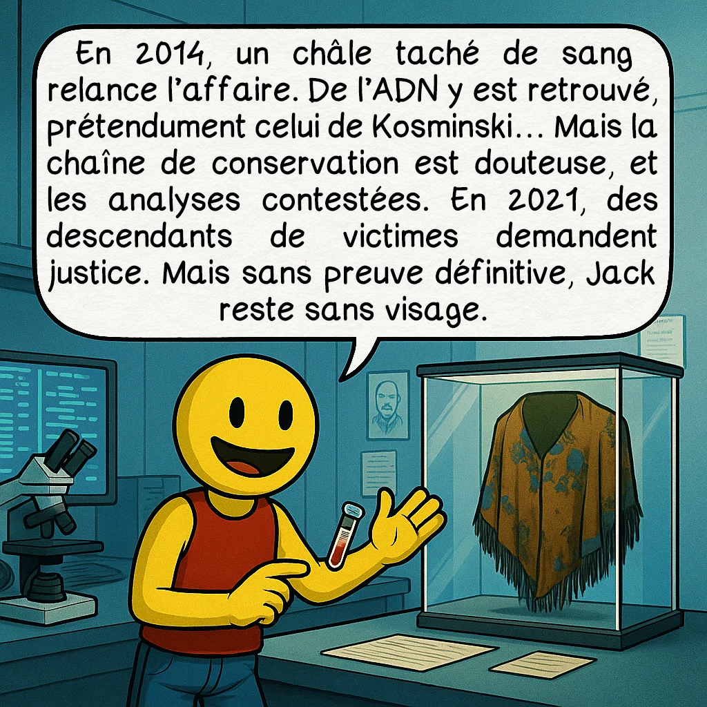 Jack l’éventreur, case 8 : En 2014, un châle taché de sang relance l’affaire.De l’ADN y est retrouvé, prétendument celui de Kosminski… Mais la chaîne de conservation est douteuse, et les analyses contestées. En 2021, des descendants de victimes demandent justice.Mais sans preuve définitive, Jack reste sans visage.