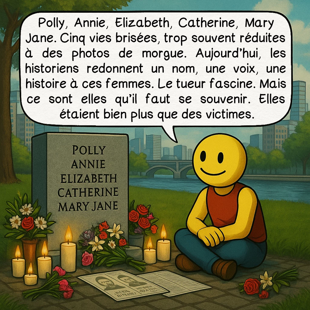 Jack l’éventreur, case 9 : Polly, Annie, Elizabeth, Catherine, Mary Jane. Cinq vies brisées, trop souvent réduites à des photos de morgue. Aujourd’hui, les historiens redonnent un nom, une voix, une histoire à ces femmes. Le tueur fascine. Mais ce sont elles qu’il faut se souvenir. Elles étaient bien plus que des victimes.