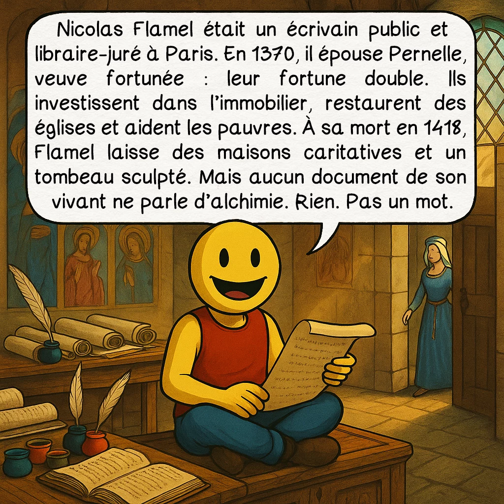 Nicolas Flamel, case 2 : Nicolas Flamel était un écrivain public et libraire-juré à Paris. En 1370, il épouse Pernelle, veuve fortunée : leur fortune double. Ils investissent dans l’immobilier, restaurent des églises et aident les pauvres. À sa mort en 1418, Flamel laisse des maisons caritatives et un tombeau sculpté. Mais aucun document de son vivant ne parle d’alchimie. Rien. Pas un mot.
