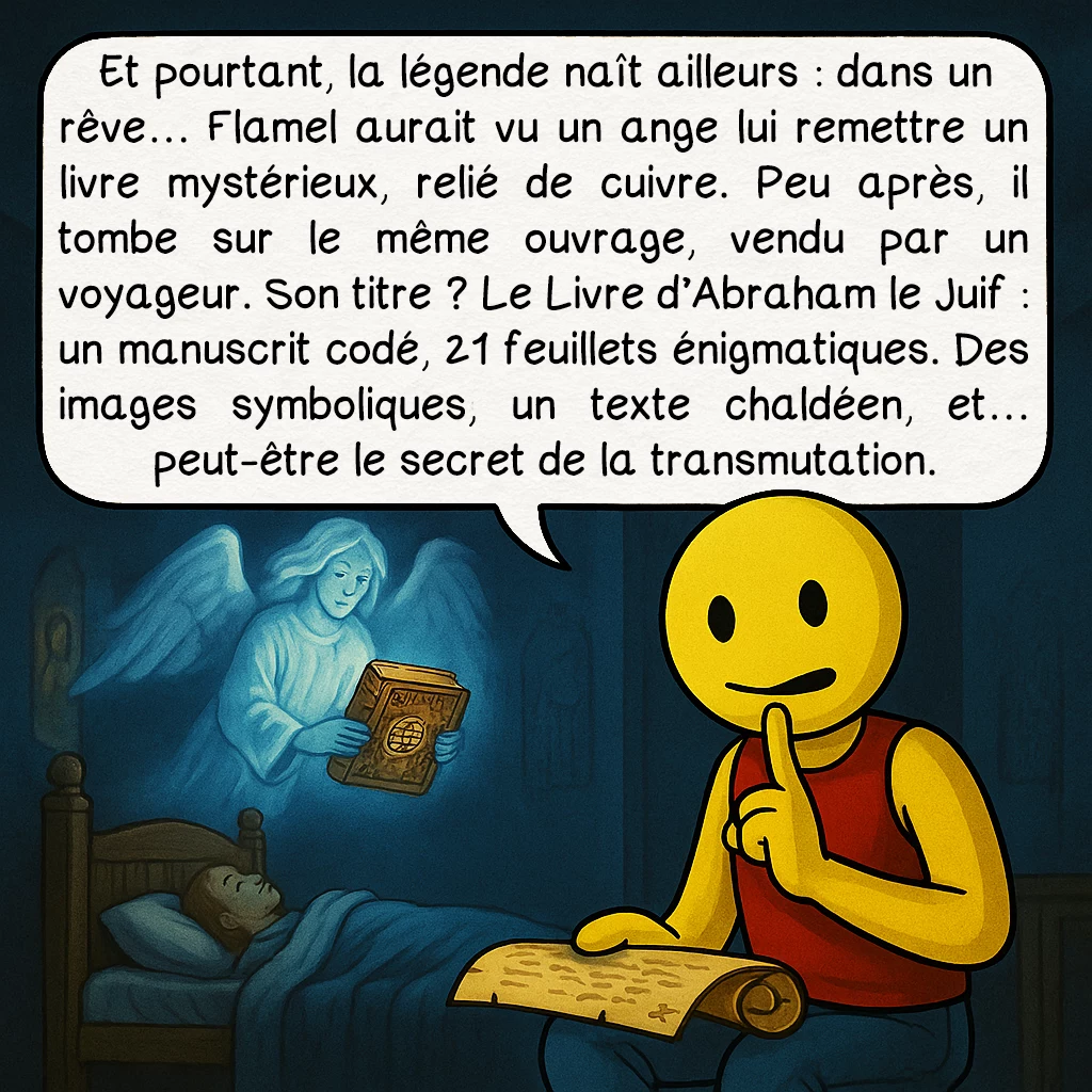 Nicolas Flamel, case 3 : Et pourtant, la légende naît ailleurs : dans un rêve… Flamel aurait vu un ange lui remettre un livre mystérieux, relié de cuivre. Peu après, il tombe sur le même ouvrage, vendu par un voyageur. Son titre ? Le Livre d’Abraham le Juif : un manuscrit codé, 21 feuillets énigmatiques. Des images symboliques, un texte chaldéen, et… peut-être le secret de la transmutation.