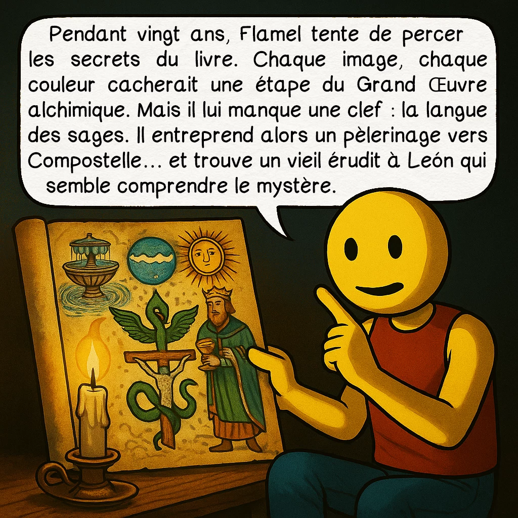 Nicolas Flamel, case 4 : Pendant vingt ans, Flamel tente de percer les secrets du livre. Chaque image, chaque couleur cacherait une étape du Grand Œuvre alchimique. Mais il lui manque une clef : la langue des sages. Il entreprend alors un pèlerinage vers Compostelle… et trouve un vieil érudit à León qui semble comprendre le mystère.