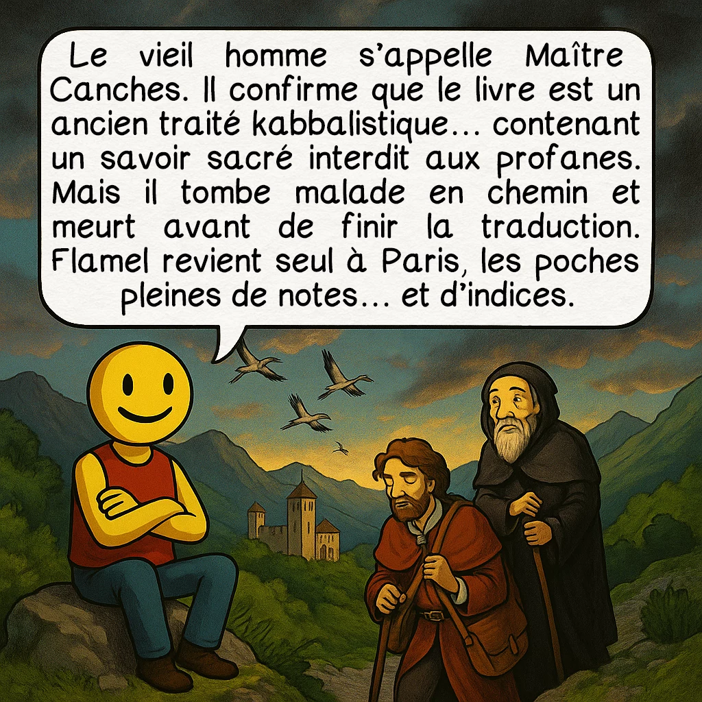 Nicolas Flamel, case 5 : Le vieil homme s’appelle Maître Canches. Il confirme que le livre est un ancien traité kabbalistique… contenant un savoir sacré interdit aux profanes. Mais il tombe malade en chemin et meurt avant de finir la traduction. Flamel revient seul à Paris, les poches pleines de notes… et d’indices.