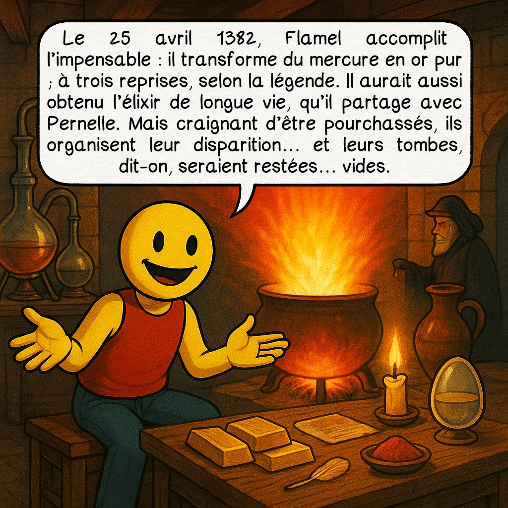 Nicolas Flamel, case 6 : Le 25 avril 1382, Flamel accomplit l’impensable : il transforme du mercure en or pur — à trois reprises, selon la légende. Il aurait aussi obtenu l’élixir de longue vie, qu’il partage avec Pernelle. Mais craignant d’être pourchassés, ils organisent leur disparition… et leurs tombes, dit-on, seraient restées… vides.