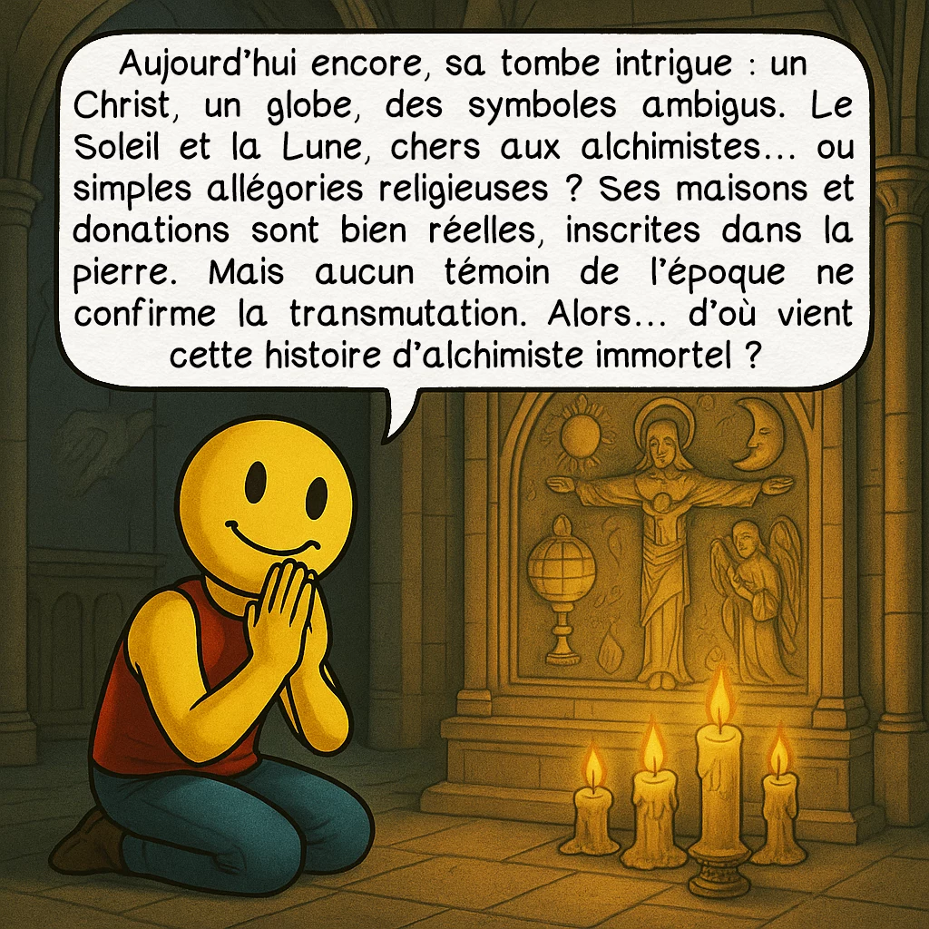 Nicolas Flamel, case 7 : Aujourd’hui encore, sa tombe intrigue : un Christ, un globe, des symboles ambigus. Le soleil et la lune, chers aux alchimistes… ou simples allégories religieuses ? Ses maisons et donations sont bien réelles, inscrites dans la pierre. Mais aucun témoin de l’époque ne confirme la transmutation. Alors… d’où vient cette histoire d’alchimiste immortel ?