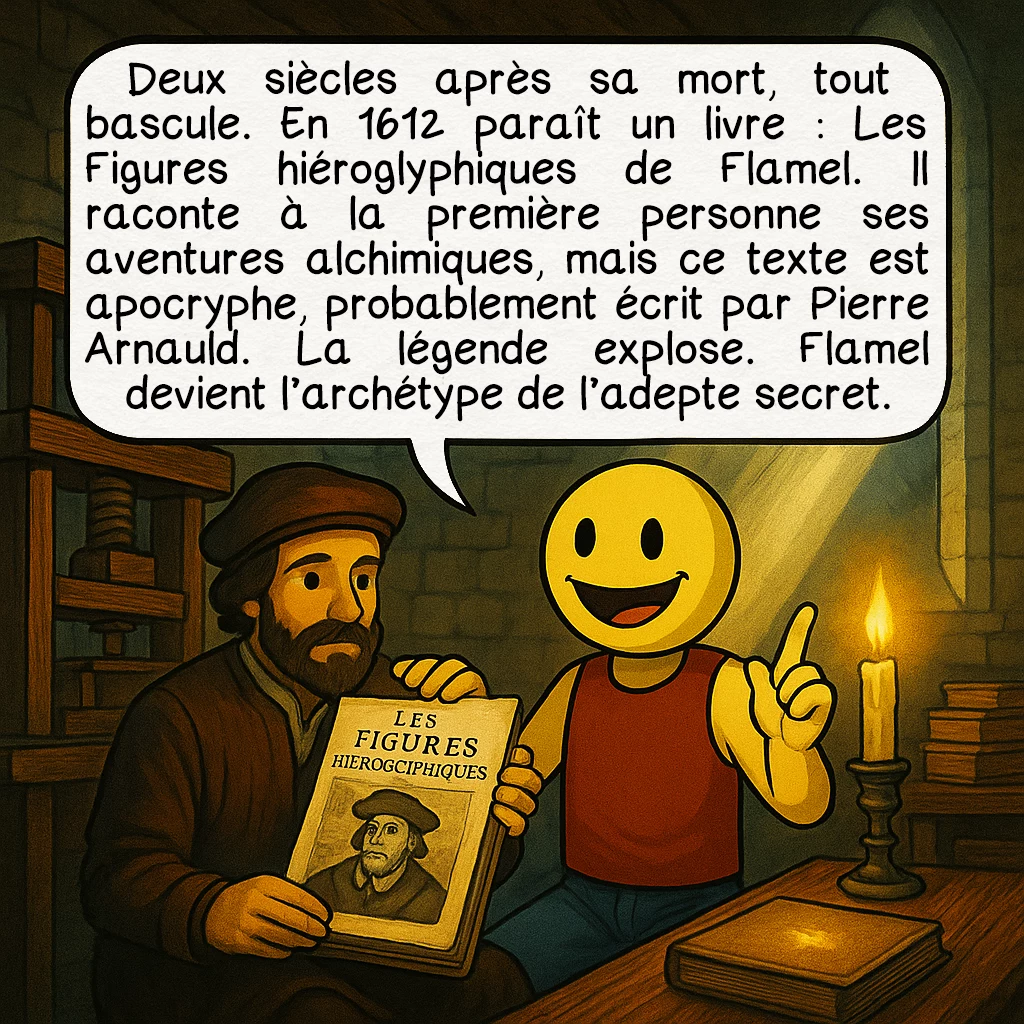 Nicolas Flamel, case 8 : Deux siècles après sa mort, tout bascule. En 1612 paraît un livre : Les Figures hiéroglyphiques de Flamel. Il raconte à la première personne ses aventures alchimiques, mais ce texte est apocryphe, probablement écrit par Pierre Arnauld. La légende explose. Flamel devient l’archétype de l’adepte secret.