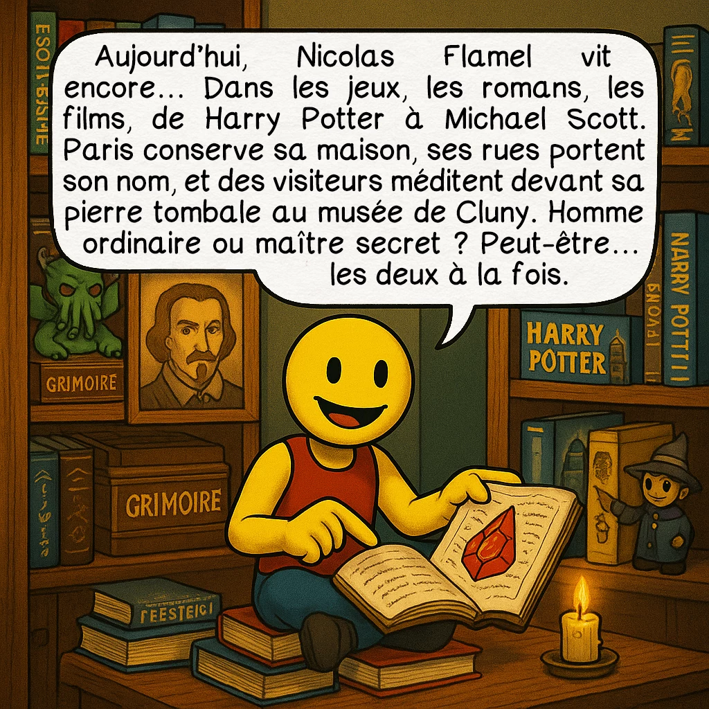 Nicolas Flamel, case 9 : Aujourd’hui, Nicolas Flamel vit encore… Dans les jeux, les romans, les films, de Harry Potter à Michael Scott. Paris conserve sa maison, ses rues portent son nom, et des visiteurs méditent devant sa pierre tombale au musée de Cluny. Homme ordinaire ou maître secret ? Peut-être… les deux à la fois.