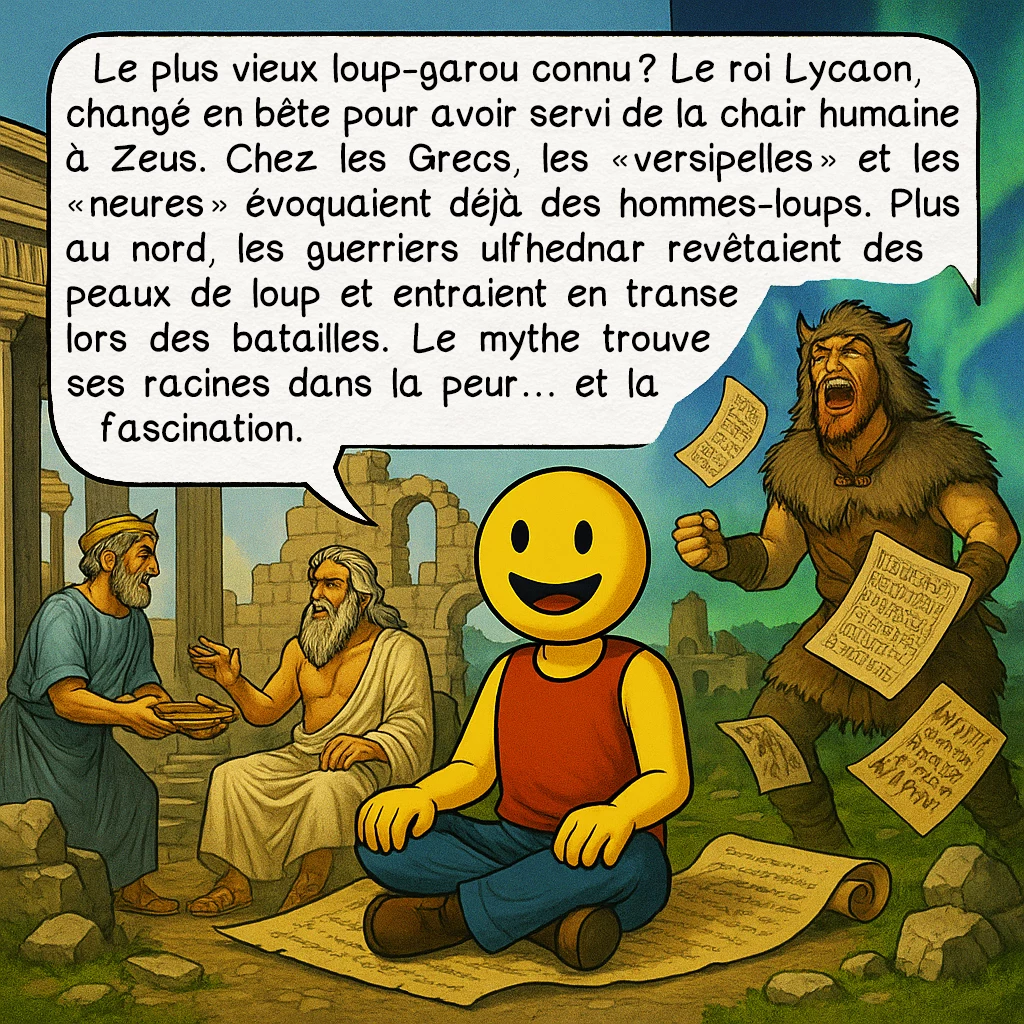 Le loup-garou, case 2 : Le plus vieux loup-garou connu ? Le roi Lycaon, changé en bête pour avoir servi de la chair humaine à Zeus. Chez les Grecs, les « versipelles » et les « neures » évoquaient déjà des hommes-loups. Plus au nord, les guerriers ulfhednar revêtaient des peaux de loup et entraient en transe lors des batailles. Le mythe plonge ses racines dans la peur… et la fascination.