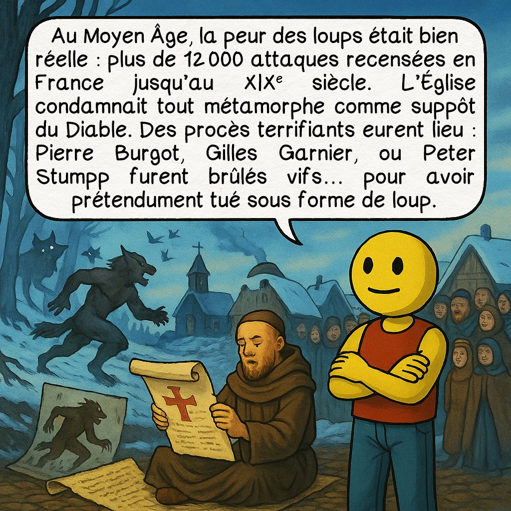 Le loup-garou, case 3 : Au Moyen Âge, la peur des loups était bien réelle : plus de 12 000 attaques recensées en France jusqu’au XIXᵉ siècle. L’Église condamnait tout métamorphe comme suppôt du Diable. Des procès terrifiants eurent lieu : Pierre Burgot, Gilles Garnier, ou Peter Stumpp furent brûlés vifs… pour avoir prétendument tué sous forme de loup.