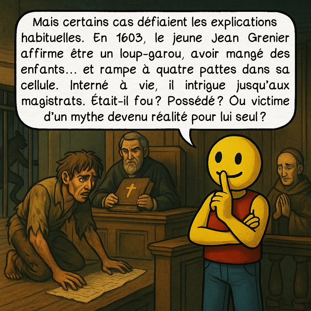 Le loup-garou, case 4 : Mais certains cas défiaient les explications habituelles. En 1603, le jeune Jean Grenier affirme être un loup-garou, avoir mangé des enfants… et rampe à quatre pattes dans sa cellule. Interné à vie, il intrigue jusqu’aux magistrats. Était-il fou ? Possédé ? Ou victime d’un mythe devenu réalité pour lui seul ?