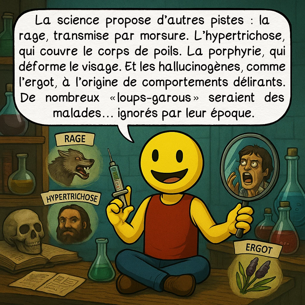Le loup-garou, case 5 : La science propose d’autres pistes : la rage, transmise par morsure. L’hypertrichose, qui couvre le corps de poils. La porphyrie, qui déforme le visage. Et les hallucinogènes, comme l’ergot, à l’origine de comportements délirants. De nombreux « loups-garous » seraient des malades… ignorés par leur époque.