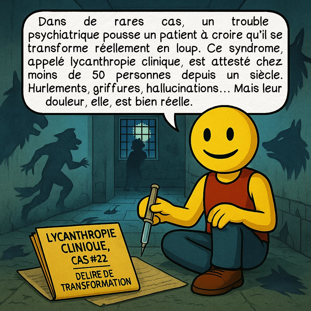 Le loup-garou, case 6 : Dans de rares cas, un trouble psychiatrique pousse un patient à croire qu’il se transforme réellement en loup. Ce syndrome, appelé lycanthropie clinique, est attesté chez moins de 50 personnes depuis un siècle. Hurlements, griffures, hallucinations… Mais leur douleur, elle, est bien réelle.