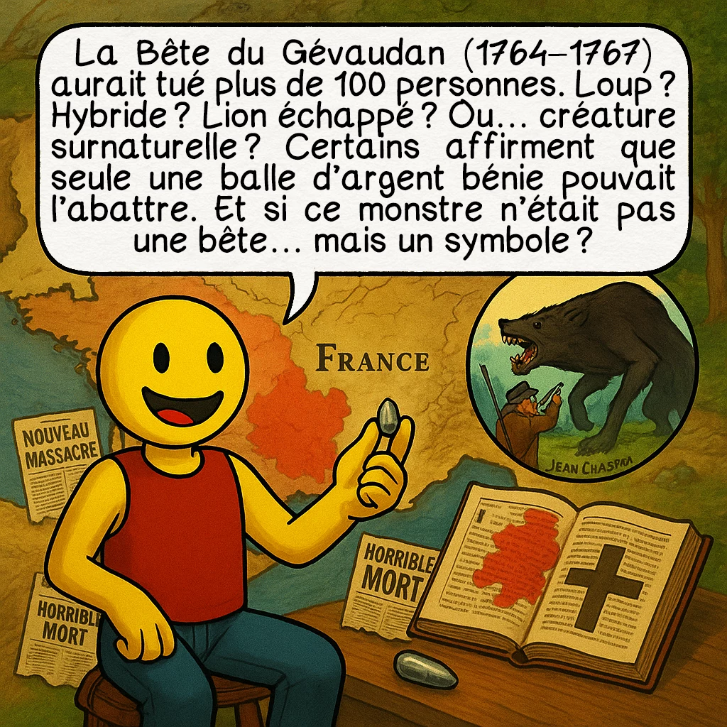 Le loup-garou, case 7 : La Bête du Gévaudan (1764–1767) aurait tué plus de 100 personnes. Loup ? Hybride ? Lion échappé ? Ou… créature surnaturelle ? Certains affirment que seule une balle d’argent bénie pouvait l’abattre. Et si ce monstre n’était pas une bête… mais un symbole ?