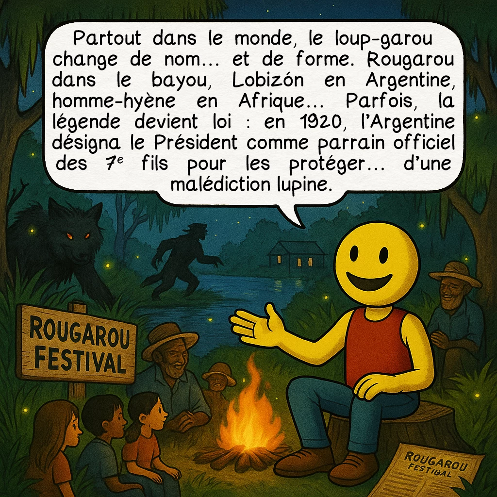 Le loup-garou, case 8 : Partout dans le monde, le loup-garou change de nom… et de forme. Rougarou dans le bayou, Lobizón en Argentine, homme-hyène en Afrique… Parfois, la légende devient loi : en 1920, l’Argentine désigna le Président comme parrain officiel des 7e fils pour les protéger… d’une malédiction lupine.
