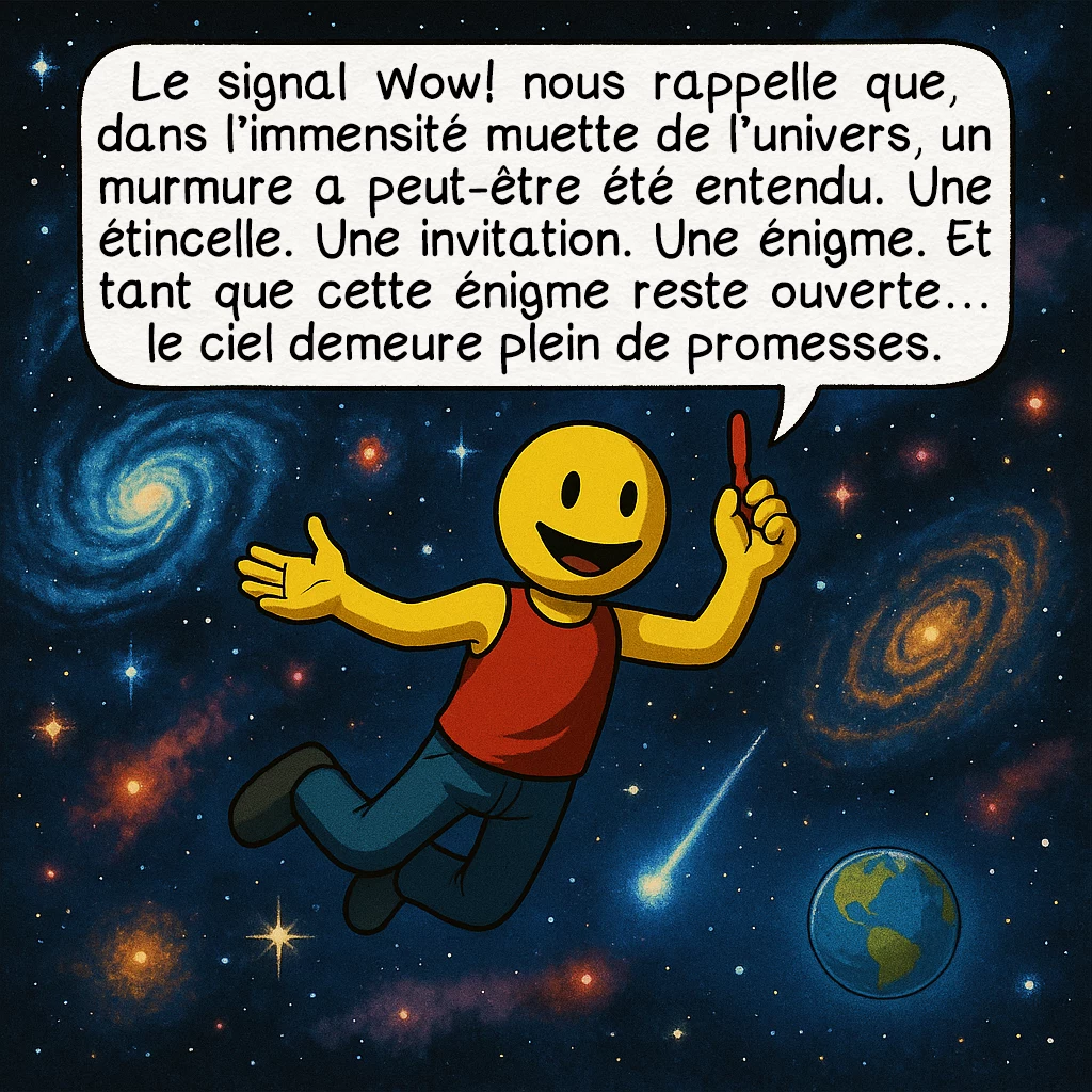 Le signal « Wow! », case 10 : Le signal Wow! nous rappelle que, dans l’immensité muette de l’univers, un murmure a peut-être été entendu. Une étincelle. Une invitation. Une énigme. Et tant que cette énigme reste ouverte… le ciel demeure plein de promesses.