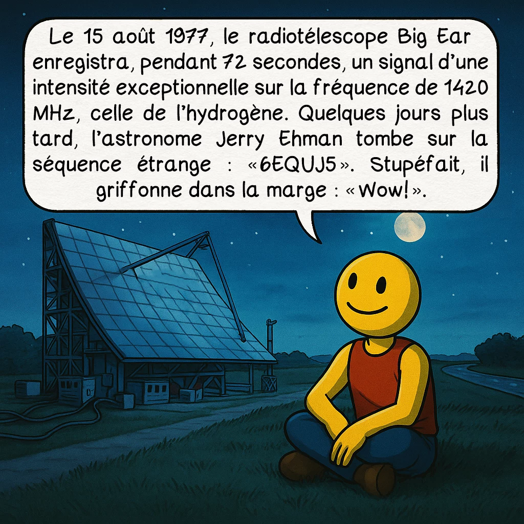 Le signal « Wow! », case 2 : Le 15 août 1977, le radiotélescope Big Ear enregistra, pendant 72 secondes, un signal d’une intensité exceptionnelle sur la fréquence de 1420 MHz, celle de l’hydrogène. Quelques jours plus tard, l’astronome Jerry Ehman tombe sur la séquence étrange : « 6EQUJ5 ». Stupéfait, il griffonne dans la marge : « Wow! ».