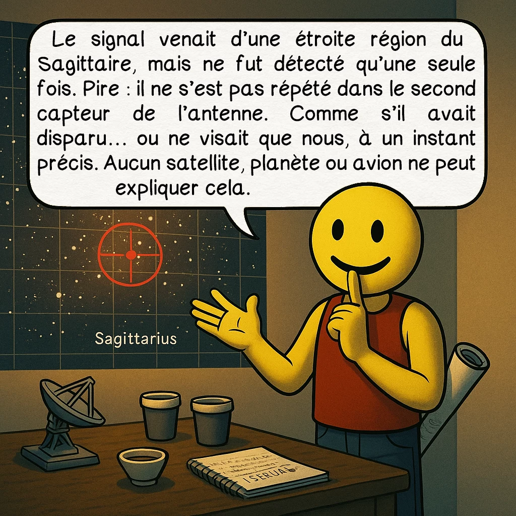 Le signal « Wow! », case 4 : Le signal venait d’une étroite région du Sagittaire, mais ne fut détecté qu’une seule fois. Pire : il ne s’est pas répété dans le second capteur de l’antenne. Comme s’il avait disparu… ou ne visait que nous, à un instant précis. Aucun satellite, planète ou avion ne peut expliquer cela.