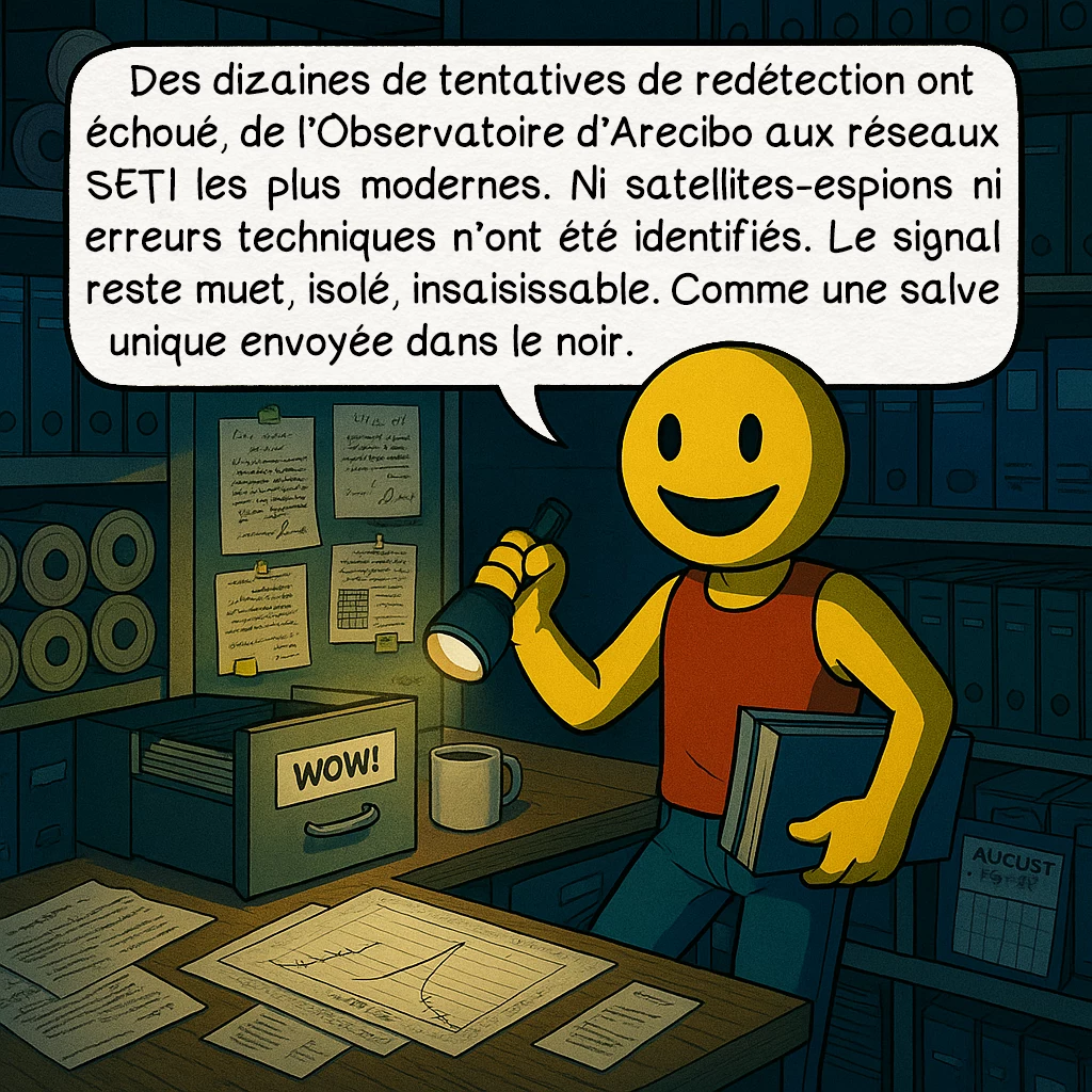Le signal « Wow! », case 6 : Des dizaines de tentatives de redétection ont échoué, de l’Observatoire d’Arecibo aux réseaux SETI les plus modernes. Ni satellites-espions ni erreurs techniques n’ont été identifiés. Le signal reste muet, isolé, insaisissable. Comme une salve unique envoyée dans le noir.