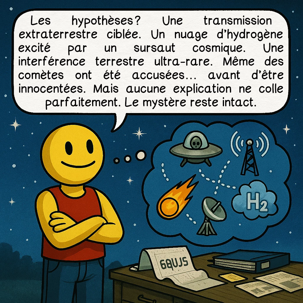 Le signal « Wow! », case 7 : Les hypothèses ? Une transmission extraterrestre ciblée. Un nuage d’hydrogène excité par un sursaut cosmique. Une interférence terrestre ultra-rare. Même des comètes ont été accusées… avant d’être innocentées. Mais aucune explication ne colle parfaitement. Le mystère reste intact.