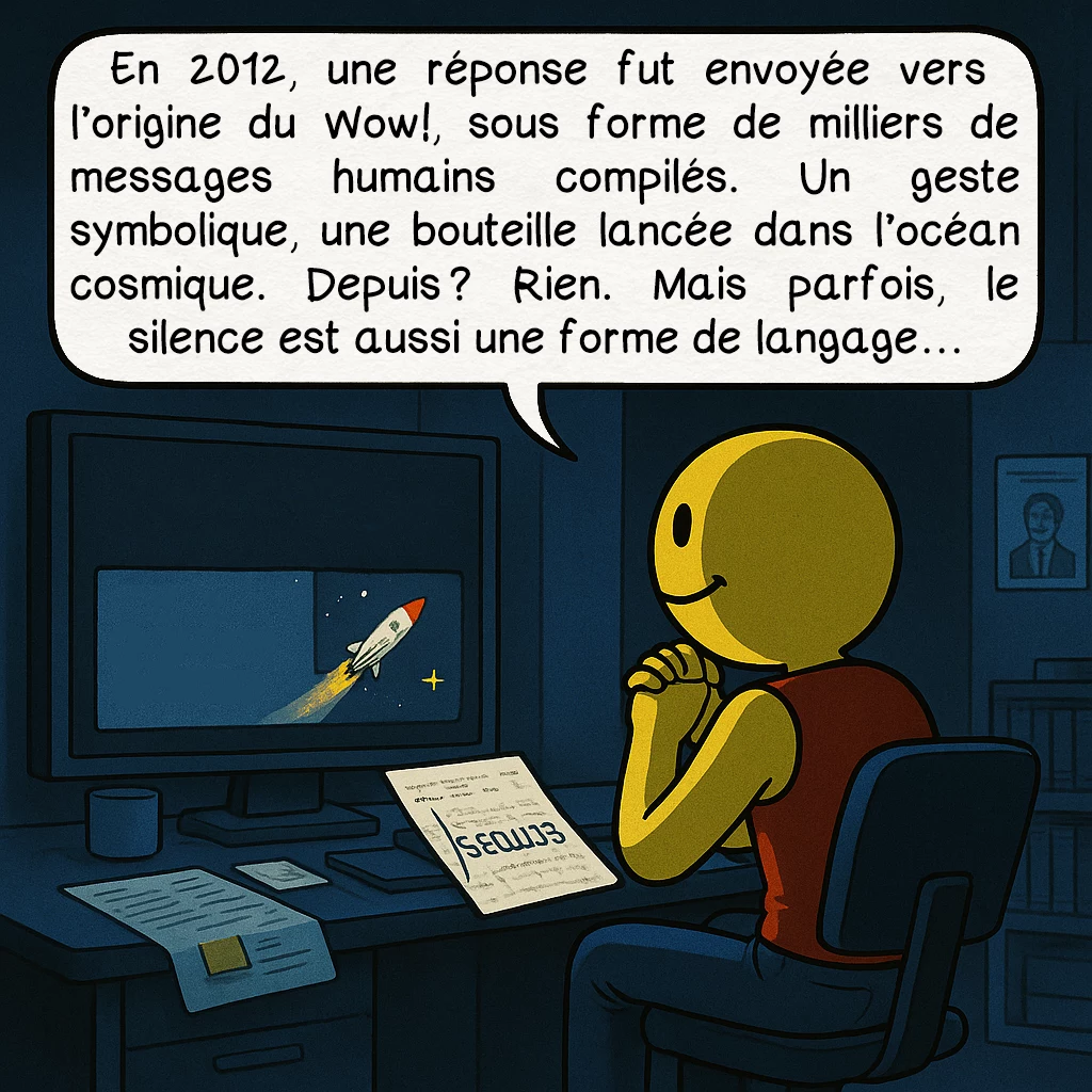 Le signal « Wow! », case 8 : En 2012, une réponse fut envoyée vers l’origine du Wow!, sous forme de milliers de messages humains compilés. Un geste symbolique, une bouteille lancée dans l’océan cosmique. Depuis ? Rien. Mais parfois, le silence est aussi une forme de langage…
