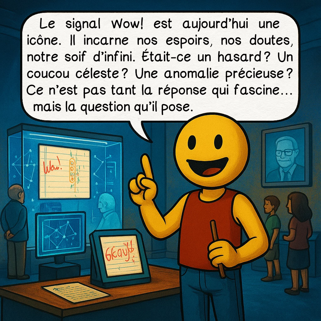 Le signal « Wow! », case 9 : Le signal Wow! est aujourd’hui une icône. Il incarne nos espoirs, nos doutes, notre soif d’infini. Était-ce un hasard ? Un coucou céleste ? Une anomalie précieuse ? Ce n’est pas tant la réponse qui fascine… mais la question qu’il pose.