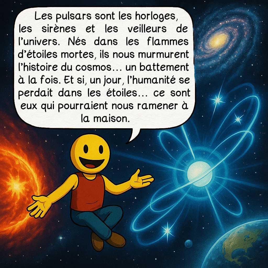 Les pulsars, case 10 : Les pulsars sont les horloges, les sirènes et les veilleurs de l’univers. Nés dans les flammes d’étoiles mortes, ils nous murmurent l’histoire du cosmos… un battement à la fois. Et si, un jour, l’humanité se perdait dans les étoiles… ce sont eux qui pourraient nous ramener à la maison.