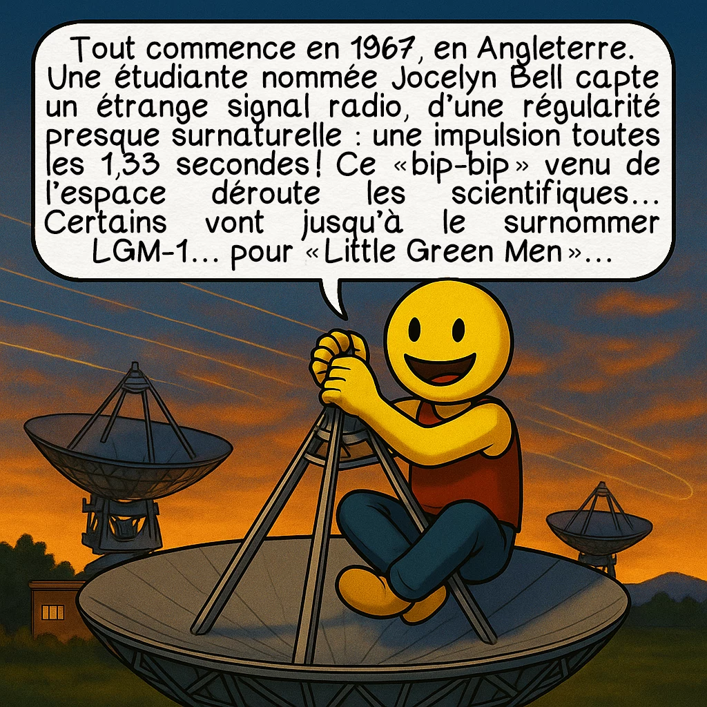 Les pulsars, case 2 : Tout commence en 1967, en Angleterre. Une étudiante nommée Jocelyn Bell capte un étrange signal radio, d’une régularité presque surnaturelle : une impulsion toutes les 1,33 secondes ! Ce ‘bip-bip’ venu de l’espace déroute les scientifiques... Certains vont jusqu’à le surnommer LGM-1... pour “Little Green Men”…