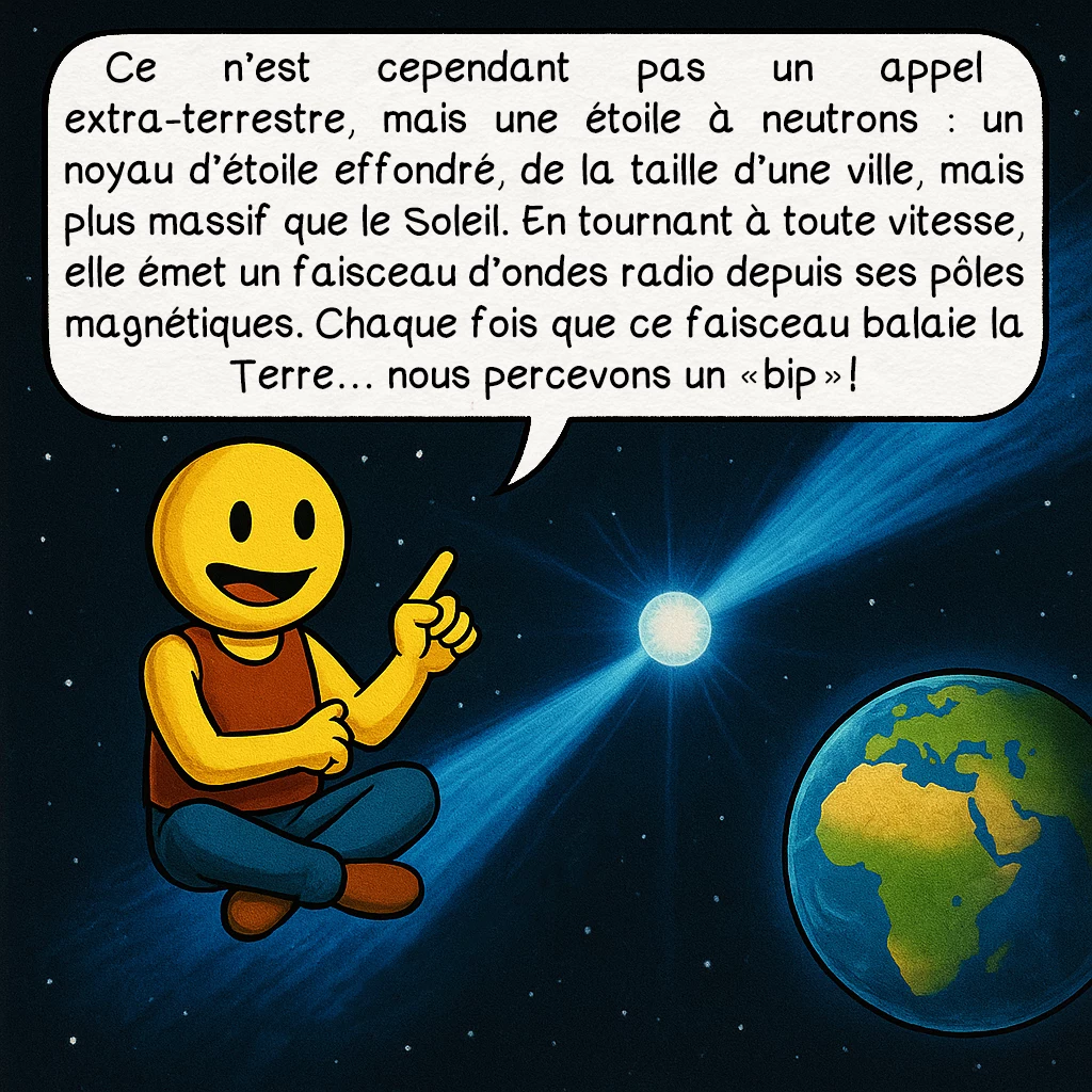 Les pulsars, case 3 : Ce n’est cependant pas un appel extra-terrestre, mais une étoile à neutrons : un noyau d’étoile effondré, de la taille d’une ville, mais plus massif que le Soleil. En tournant à toute vitesse, elle émet un faisceau d’ondes radio depuis ses pôles magnétiques. Chaque fois que ce faisceau balaie la Terre… nous percevons un ‘bip’ !