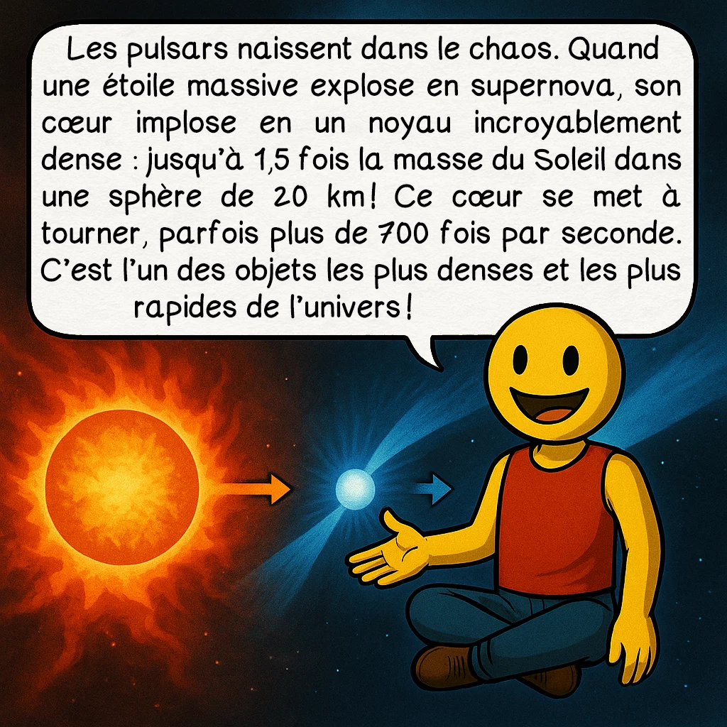 Les pulsars, case 4 : Les pulsars naissent dans le chaos. Quand une étoile massive explose en supernova, son cœur implose en un noyau incroyablement dense : jusqu’à 1,5 fois la masse du Soleil dans une sphère de 20 km ! Ce cœur se met à tourner, parfois plus de 700 fois par seconde. C’est l’un des objets les plus denses et les plus rapides de l’univers !