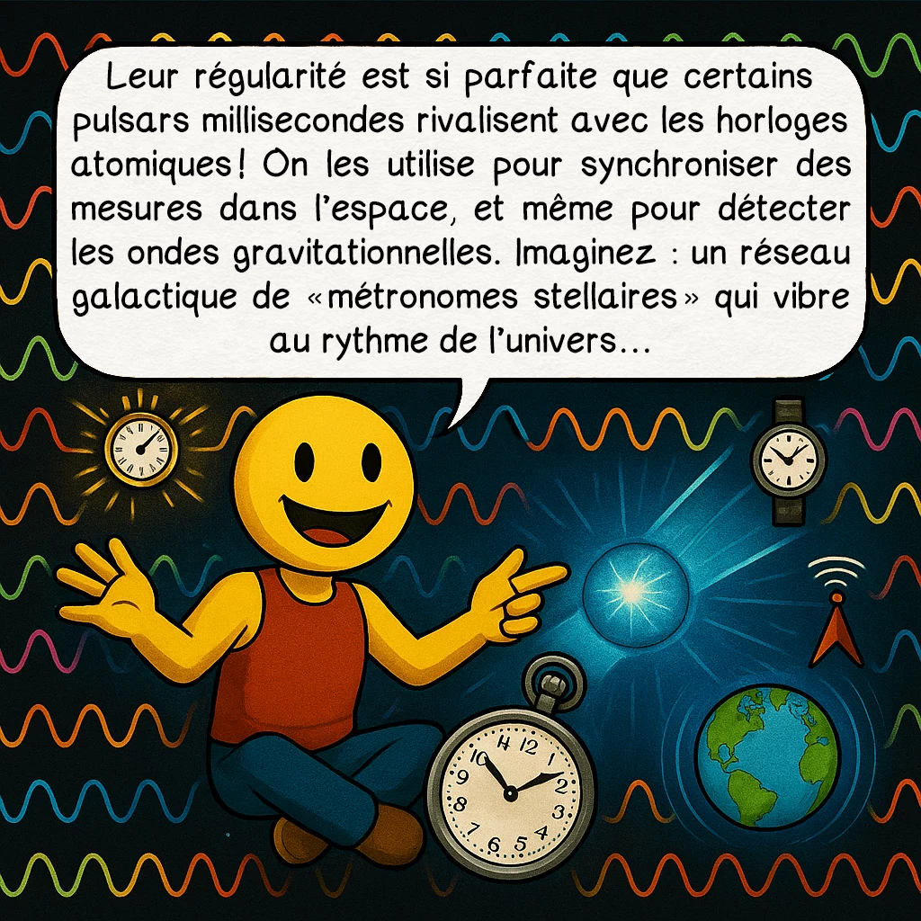 Les pulsars, case 5 : Leur régularité est si parfaite que certains pulsars millisecondes rivalisent avec les horloges atomiques ! On les utilise pour synchroniser des mesures dans l’espace, et même pour détecter les ondes gravitationnelles. Imaginez : un réseau galactique de “métronomes stellaires” qui vibre au rythme de l’univers…
