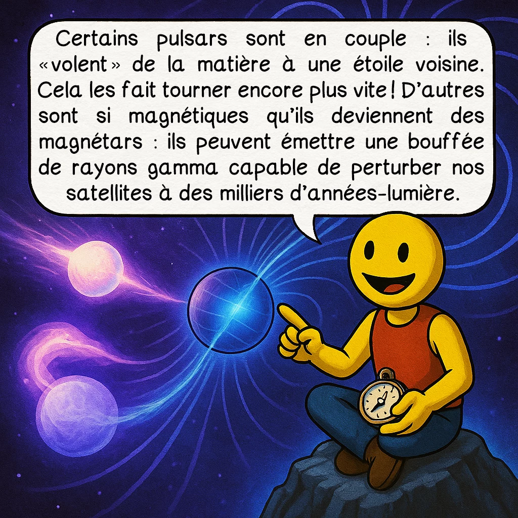 Les pulsars, case 6 : Certains pulsars sont en couple : ils “volent” de la matière à une étoile voisine. Cela les fait tourner encore plus vite ! D’autres sont si magnétiques qu’ils deviennent des magnétars : ils peuvent émettre une bouffée de rayons gamma capable de perturber nos satellites à des milliers d’années-lumière.