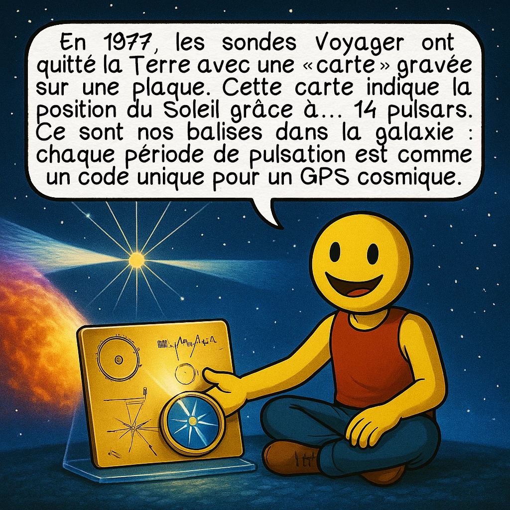 Les pulsars, case 7 : En 1977, les sondes Voyager ont quitté la Terre avec une “carte” gravée sur une plaque. Cette carte indique la position du Soleil grâce à… 14 pulsars. Ce sont nos balises dans la galaxie : chaque période de pulsation est comme un code unique pour un GPS cosmique.