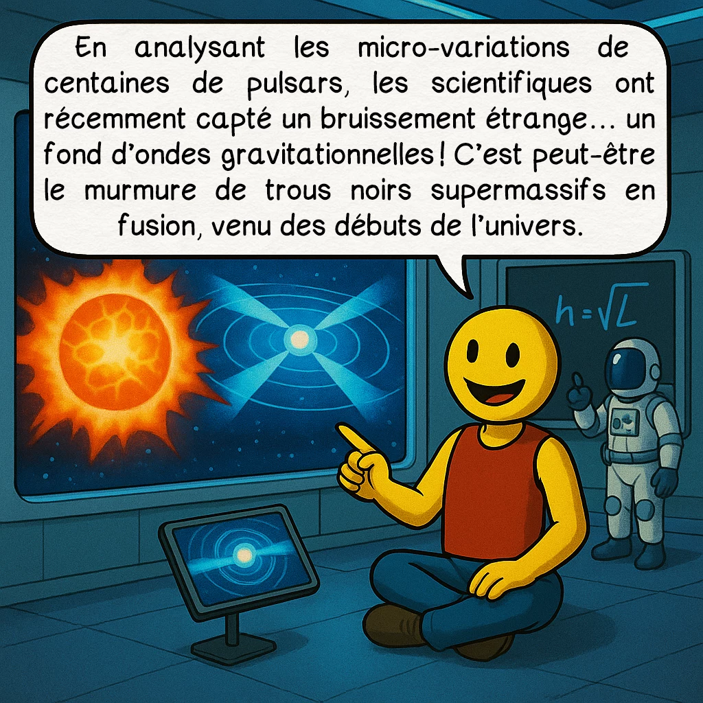 Les pulsars, case 8 : En analysant les micro-variations de centaines de pulsars, les scientifiques ont récemment capté un bruissement étrange… un fond d’ondes gravitationnelles ! C’est peut-être le murmure de trous noirs supermassifs en fusion, venu des débuts de l’univers.