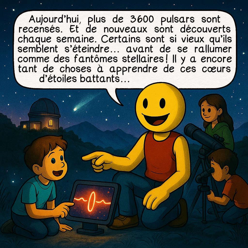 Les pulsars, case 9 : Aujourd’hui, plus de 3 600 pulsars sont recensés. Et de nouveaux sont découverts chaque semaine. Certains sont si vieux qu’ils semblent s’éteindre… avant de se rallumer comme des fantômes stellaires ! Il y a encore tant de choses à apprendre de ces cœurs d’étoiles battants…