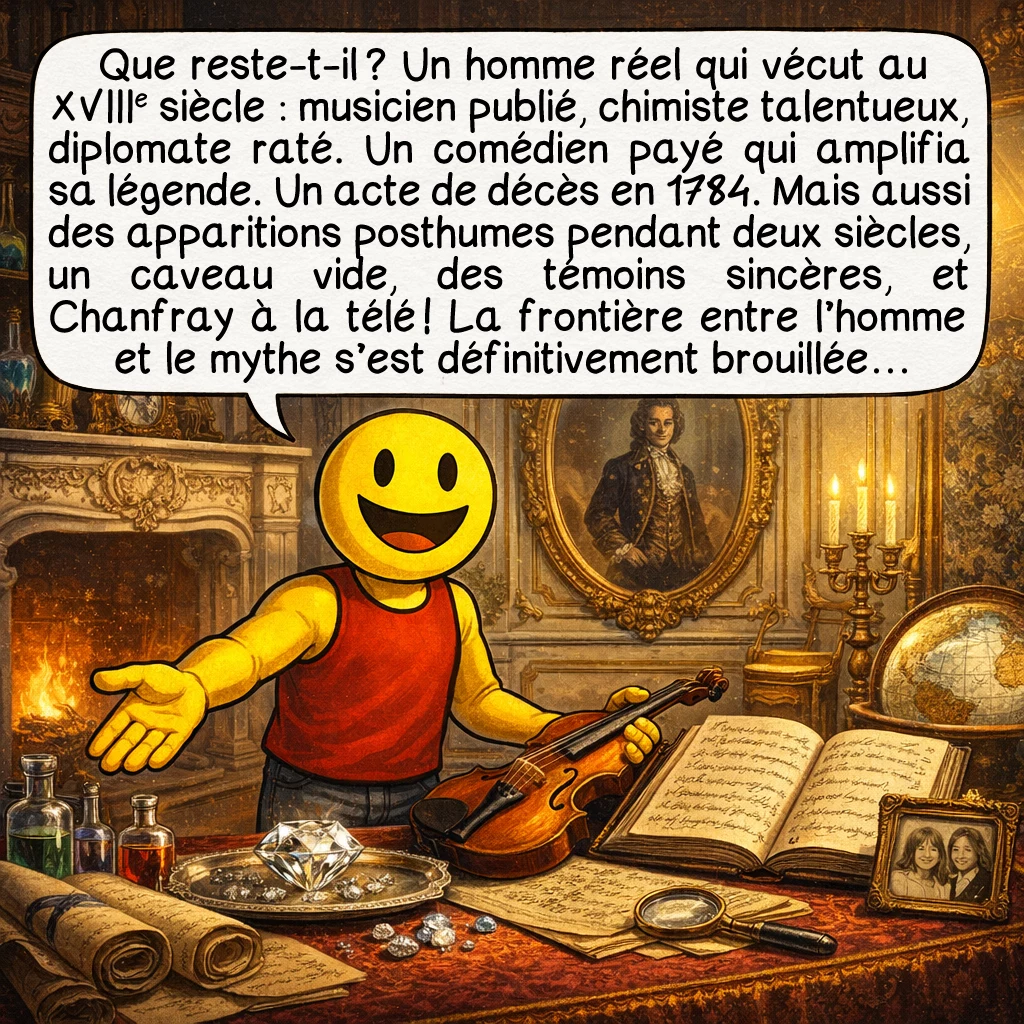 Le comte de Saint-Germain, case 10 : Que reste-t-il ? Un homme réel qui vécut au XVIIIe siècle : musicien publié, chimiste talentueux, diplomate raté. Un comédien payé qui amplifia sa légende. Un acte de décès en 1784. Mais aussi des apparitions posthumes pendant deux siècles, un caveau vide, des témoins sincères, et Chanfray à la télé ! La frontière entre l’homme et le mythe s’est définitivement brouillée…