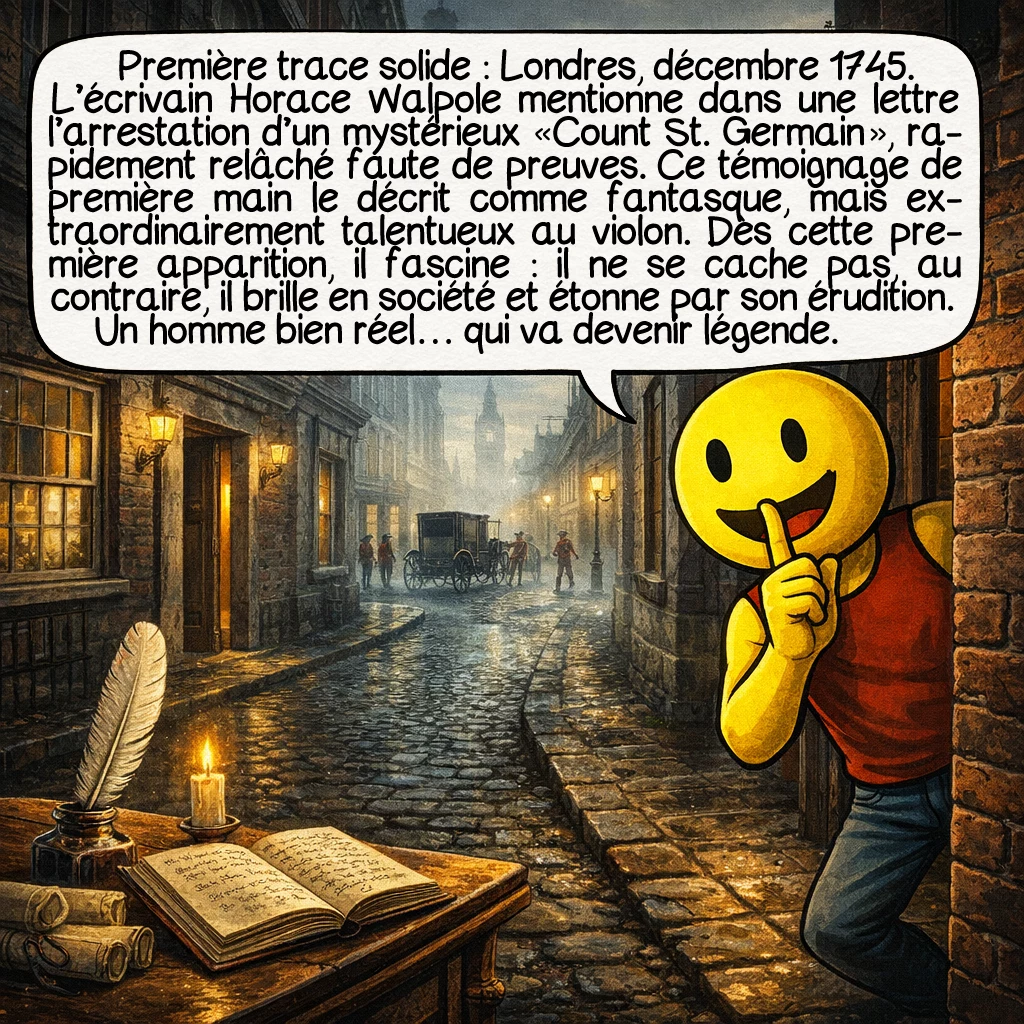 Le comte de Saint-Germain, case 2 : Première trace solide : Londres, décembre 1745. L’écrivain Horace Walpole mentionne dans une lettre l’arrestation d’un mystérieux « Count St. Germain », rapidement relâché faute de preuves. Ce témoignage de première main le décrit comme fantasque, mais extraordinairement talentueux au violon. Dès cette première apparition, il fascine : il ne se cache pas, au contraire, il brille en société et étonne par son érudition. Un homme bien réel… qui va devenir légende.