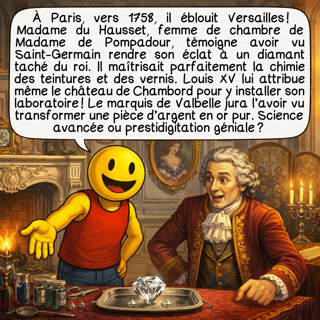Le comte de Saint-Germain, case 3 : À Paris, vers 1758, il éblouit Versailles ! Madame du Hausset, femme de chambre de Madame de Pompadour, témoigne avoir vu Saint-Germain rendre son éclat à un diamant taché du roi. Il maîtrisait parfaitement la chimie des teintures et des vernis. Louis XV lui attribue même le château de Chambord pour y installer son laboratoire ! Le marquis de Valbelle jura l’avoir vu transformer une pièce d’argent en or pur. Science avancée ou prestidigitation géniale ?