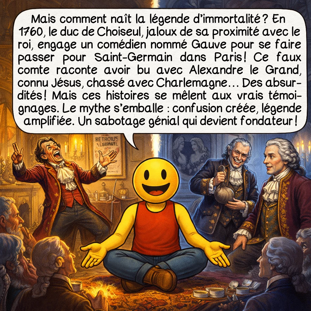 Le comte de Saint-Germain, case 4 : Mais comment naît la légende d’immortalité ? En 1760, le duc de Choiseul, jaloux de sa proximité avec le roi, engage un comédien nommé Gauve pour se faire passer pour Saint-Germain dans Paris ! Ce faux comte raconte avoir bu avec Alexandre le Grand, connu Jésus, chassé avec Charlemagne… Des absurdités ! Mais ces histoires se mêlent aux vrais témoignages. Le mythe s’emballe : confusion créée, légende amplifiée. Un sabotage génial qui devient fondateur !