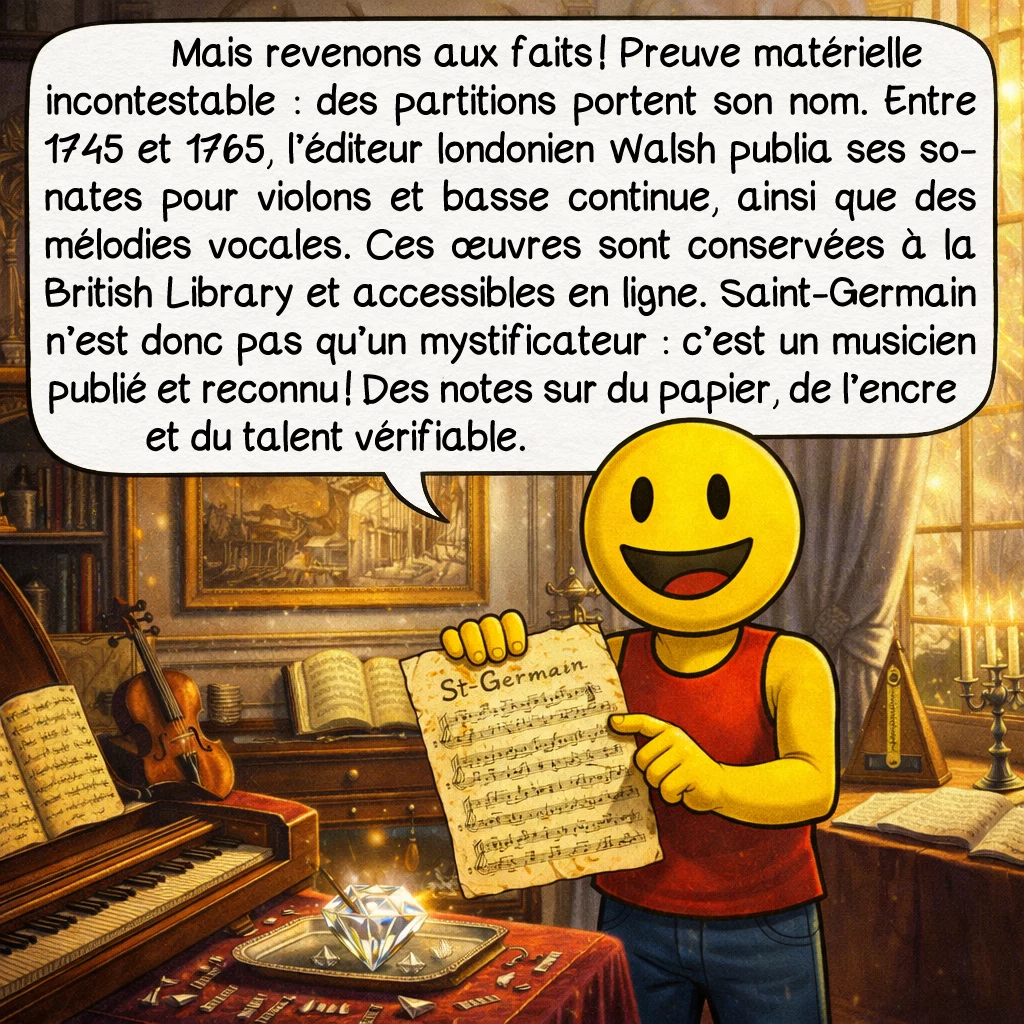 Le comte de Saint-Germain, case 5 : Mais revenons aux faits ! Preuve matérielle incontestable : des partitions portent son nom. Entre 1745 et 1765, l’éditeur londonien Walsh publia ses sonates pour violons et basse continue, ainsi que des mélodies vocales. Ces œuvres sont conservées à la British Library et accessibles en ligne. Saint-Germain n’est donc pas qu’un mystificateur : c’est un musicien publié et reconnu ! Des notes sur du papier, de l’encre et du talent vérifiable.