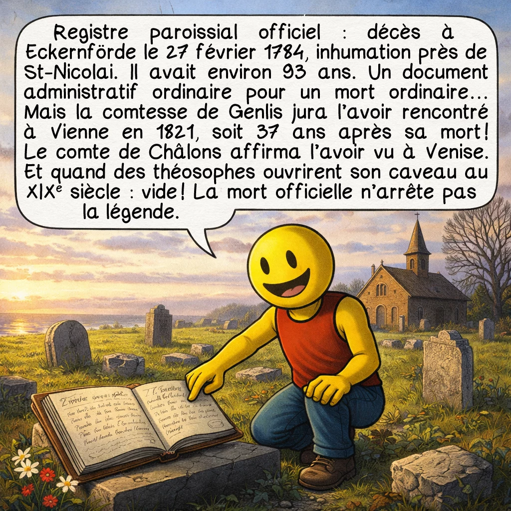 Le comte de Saint-Germain, case 6 : Registre paroissial officiel : décès à Eckernförde le 27 février 1784, inhumation près de St-Nicolai. Il avait environ 93 ans. Un document administratif ordinaire pour un mort ordinaire… Mais la comtesse de Genlis jura l’avoir rencontré à Vienne en 1821, soit 37 ans après sa mort ! Le comte de Châlons affirma l’avoir vu à Venise. Et quand des théosophes ouvrirent son caveau au XIXe siècle : vide ! La mort officielle n’arrête pas la légende.